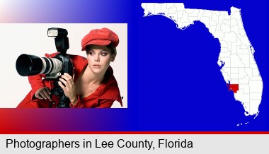 a female photographer with a camera and a tripod; Lee County highlighted in red on a map