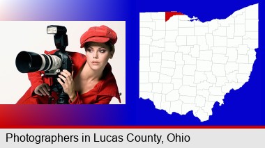 a female photographer with a camera and a tripod; Lucas County highlighted in red on a map