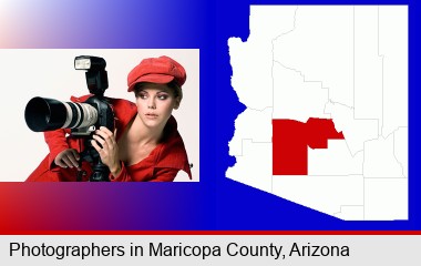a female photographer with a camera and a tripod; Maricopa County highlighted in red on a map