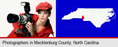 a female photographer with a camera and a tripod; Mecklenburg County highlighted in red on a map