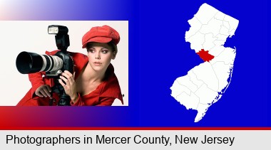 a female photographer with a camera and a tripod; Mercer County highlighted in red on a map