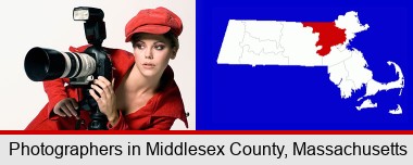 a female photographer with a camera and a tripod; Middlesex County highlighted in red on a map