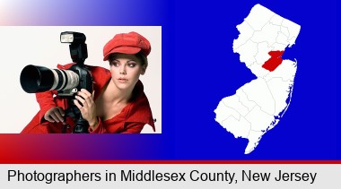a female photographer with a camera and a tripod; Middlesex County highlighted in red on a map