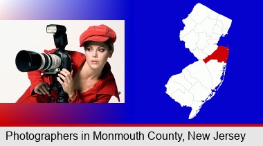 a female photographer with a camera and a tripod; Monmouth County highlighted in red on a map