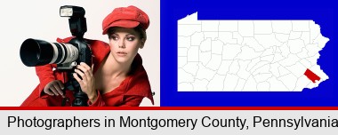 a female photographer with a camera and a tripod; Montgomery County highlighted in red on a map