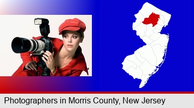 a female photographer with a camera and a tripod; Morris County highlighted in red on a map