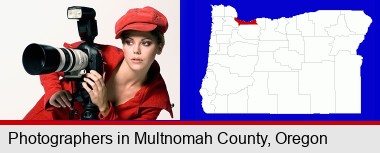 a female photographer with a camera and a tripod; Multnomah County highlighted in red on a map