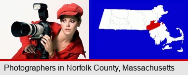 a female photographer with a camera and a tripod; Norfolk County highlighted in red on a map