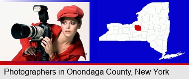 a female photographer with a camera and a tripod; Onondaga County highlighted in red on a map