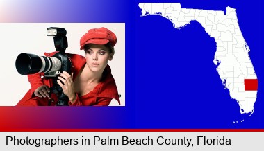 a female photographer with a camera and a tripod; Palm Beach County highlighted in red on a map