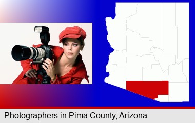a female photographer with a camera and a tripod; Pima County highlighted in red on a map