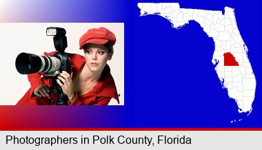 a female photographer with a camera and a tripod; Polk County highlighted in red on a map