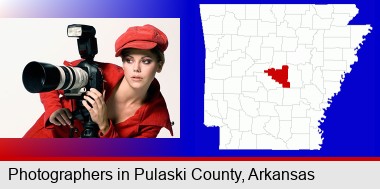 a female photographer with a camera and a tripod; Pulaski County highlighted in red on a map