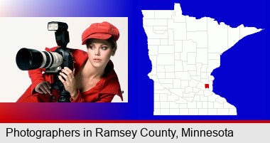 a female photographer with a camera and a tripod; Ramsey County highlighted in red on a map