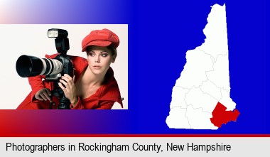a female photographer with a camera and a tripod; Rockingham County highlighted in red on a map