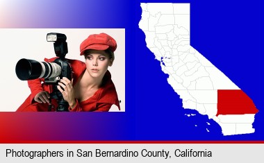 a female photographer with a camera and a tripod; San Bernardino County highlighted in red on a map