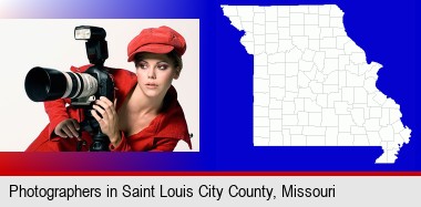 a female photographer with a camera and a tripod; St Louis City highlighted in red on a map