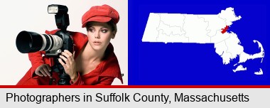 a female photographer with a camera and a tripod; Suffolk County highlighted in red on a map