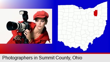 a female photographer with a camera and a tripod; Summit County highlighted in red on a map