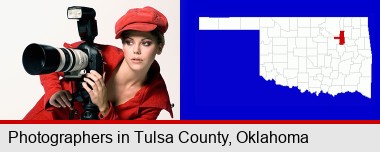 a female photographer with a camera and a tripod; Tulsa County highlighted in red on a map