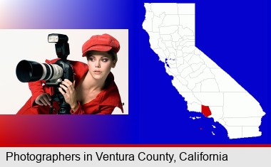 a female photographer with a camera and a tripod; Ventura County highlighted in red on a map