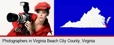 a female photographer with a camera and a tripod; Virginia Beach City County highlighted in red on a map