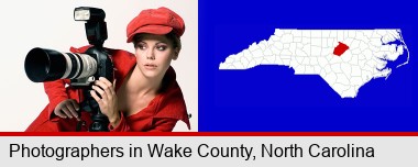 a female photographer with a camera and a tripod; Wake County highlighted in red on a map