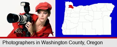 a female photographer with a camera and a tripod; Washington County highlighted in red on a map