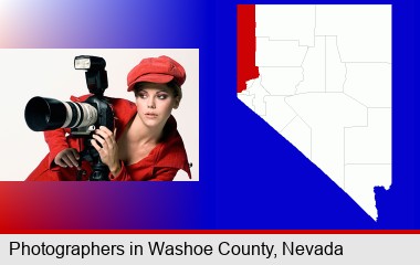 a female photographer with a camera and a tripod; Washoe County highlighted in red on a map