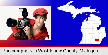 a female photographer with a camera and a tripod; Washtenaw County highlighted in red on a map