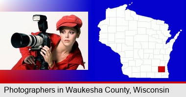 a female photographer with a camera and a tripod; Waukesha County highlighted in red on a map
