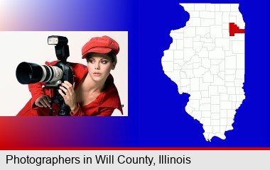 a female photographer with a camera and a tripod; Will County highlighted in red on a map
