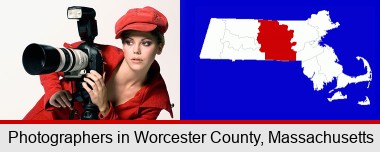 a female photographer with a camera and a tripod; Worcester County highlighted in red on a map